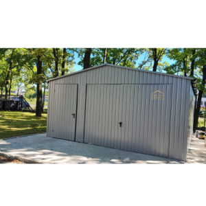 Blechgarage 4.50m x 5m in der Farbe Weißaluminium RAL 9006 mit Schwingtor, Tür Satteldach