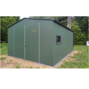 Blechgarage/Halle 5.50m x 6,00m in der Farbe Militärgrün BTX 6020 mit Doppelflügeltor, Satteldach