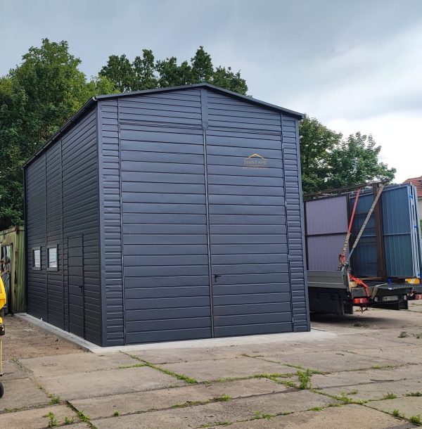 Blechgarage/Halle in der Farbe Anthrazit (BTX 7016) mit Doppelflügeltore, Satteldach, werkastatt
