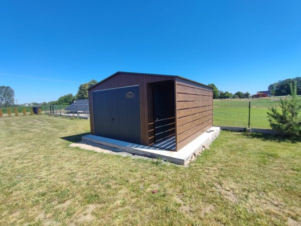 Blechgarage mit Überdachung in der Farbe Holzoptik goldene Eiche und Anthrazit (BTX 7016) mit Schwingtor, Satteldach