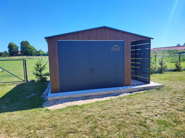 Blechgarage mit Überdachung in der Farbe Holzoptik goldene Eiche und Anthrazit (BTX 7016) mit Schwingtor, Satteldach