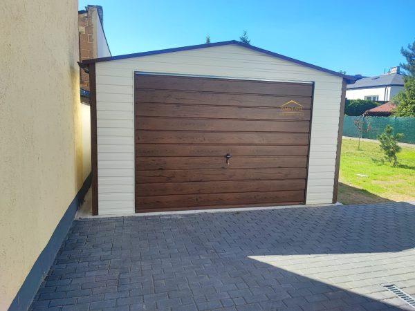 Einzelgarage, Fertiggarage, Autoblechgarage, Blechgarage 4m x 6m in der Farbe Reinweiß (RAL 9010) und Holzoptik goldene Eiche mit Schwingtor, Satteldach,
