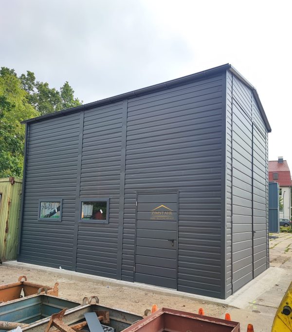 Blechgarage/Halle in der Farbe Anthrazit (BTX 7016) mit Doppelflügeltore, Satteldach, werkastatt