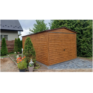 Blechgarage 3,2m x 7m in der Farbe Holzoptik goldene Eiche mit Schwingtor, Satteldach