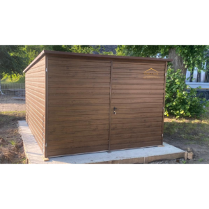 blechgarage, Blechgartenhaus 4m x 3,50 m in der Farbe Holzoptik goldene Eiche mit Doppelflügeltor, Pultdach mit Neigung nach hinten