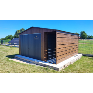 Blechgarage mit Überdachung in der Farbe Holzoptik goldene Eiche und Anthrazit (BTX 7016) mit Schwingtor, Satteldach