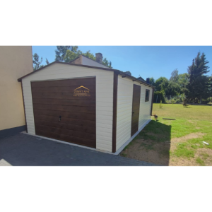Einzelgarage, Fertiggarage, Autoblechgarage, Blechgarage 4m x 6m in der Farbe Reinweiß (RAL 9010) und Holzoptik goldene Eiche mit Schwingtor, Satteldach,
