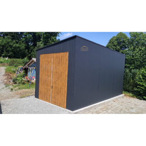 Blechgarage/Halle 4m x 8m in der Farbe Anthrazit (BTX 7016) und Holzoptik goldene Eiche mit Doppelflügeltor, Pultdach mit Neigung nach links